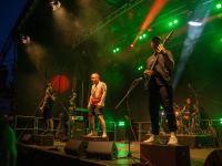 Intensives grünes und rotes Licht beleuchtet die Musiker der Band. Der barfüßige Sänger trägt ein farbenfrohes Shirt mit Hundemotiv und steht zentral im Rampenlicht.